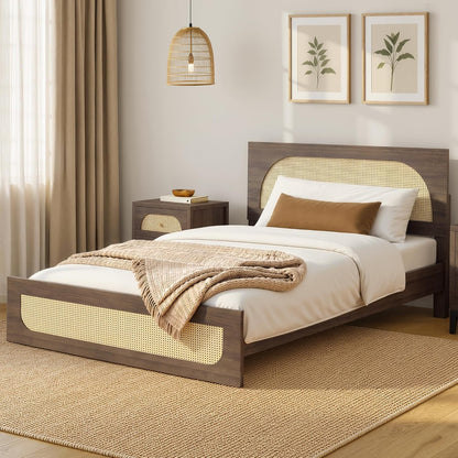 kislot boho rattan bed frame, farmhouse platform, walnut, close-up detail