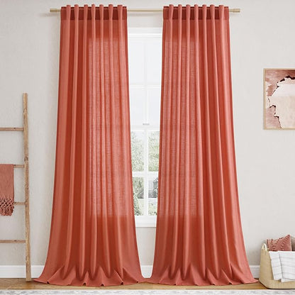 Coral Semi Sheer Linen Blend Curtains 120 Inches Long 2 Panels Set Back Tab by Nanspring