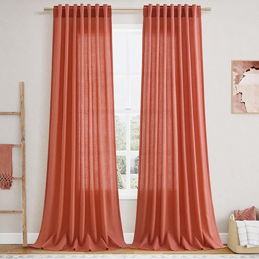 Coral Textured Linen 96 Inch Length Curtains Panels 2 Panel Set Back Tab Rod by Nanspring