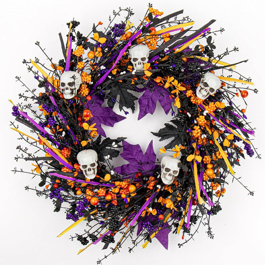 LLZLL Halloween Wreaths for Front Door 22 Inch Halloween Wreath Artificial Skull Wreath with Maple Leaves and Berries for Gothic Decoration