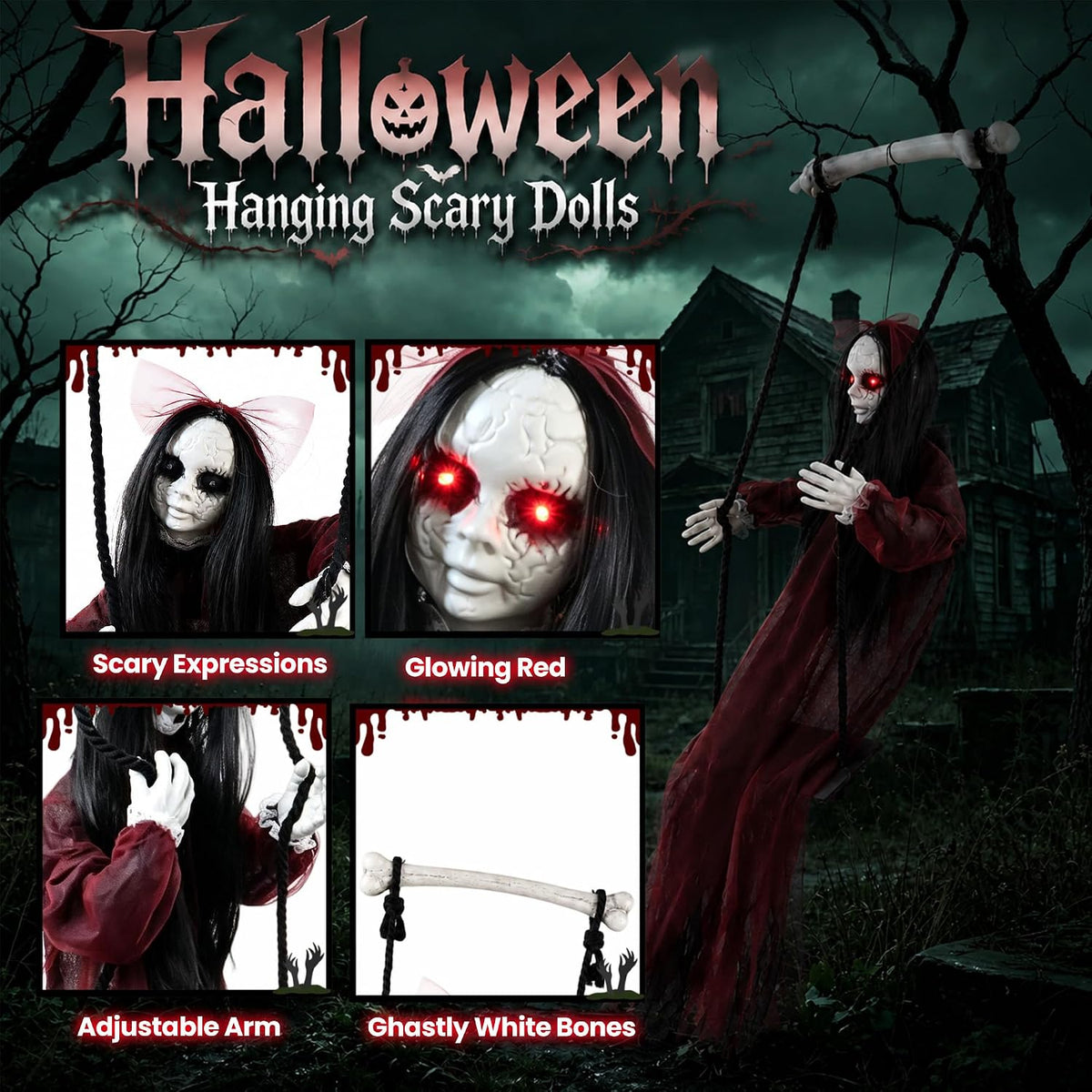 5FT Scary Halloween Hanging Ghost Girl, Haunted House and Yard Decor