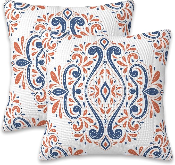 Throw Pillow Covers Blue and Orange Floral Pillow Covers 16x16 Inch Set of 2 by Naqiuli