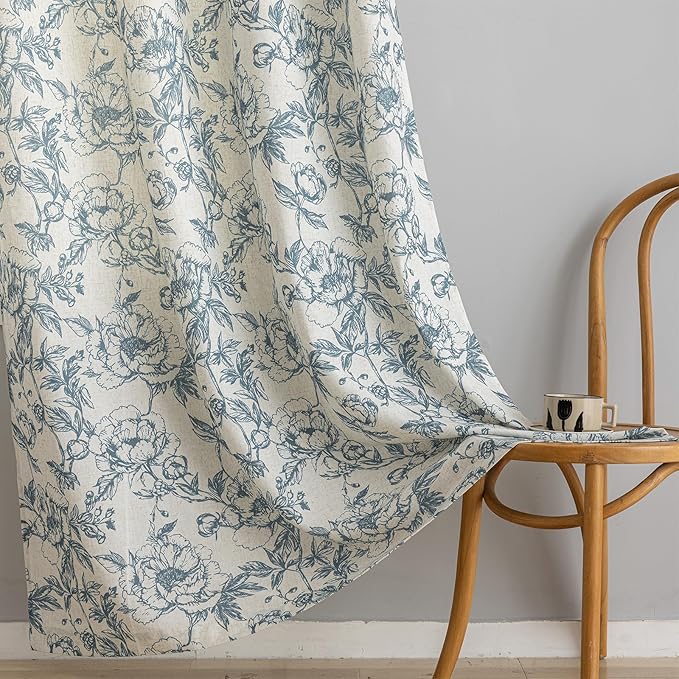 Blue Floral Curtains Farmhouse Linen 84 Inches Length Grommet Top Curtain by Conkov