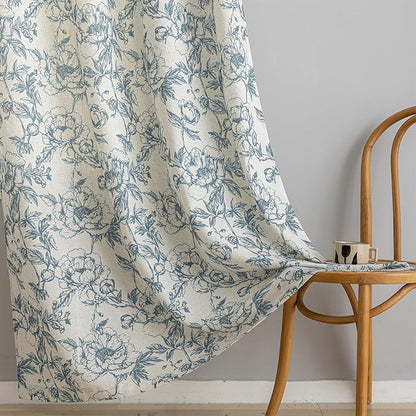 Blue Floral Curtains Farmhouse Linen 84 Inches Length Grommet Top Curtain by Conkov