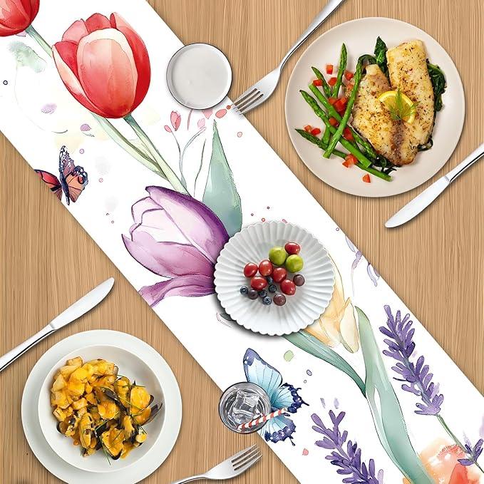 Elegant Hand-Painted Watercolor Floral Table Runner – Spring Tulip & Lavender - Image 8