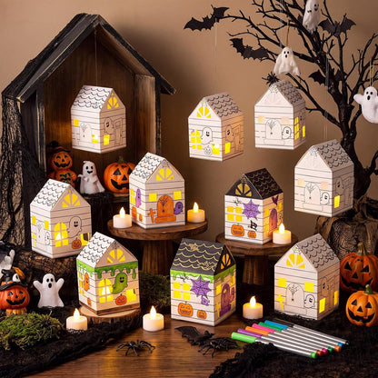 Glooglitter 36 Sets Halloween Lantern Craft Kit, DIY Paper Haunted House