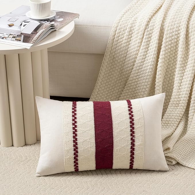 Fancy Homi Set of 2 Burgundy Boho Long Lumbar Decorative Throw Pillow Cover - Image 2