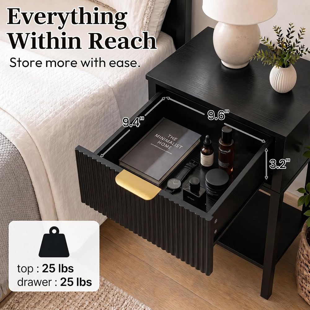 Black 15.4" Wide Small Nightstand with Drawer,Open Shelf,Fluted