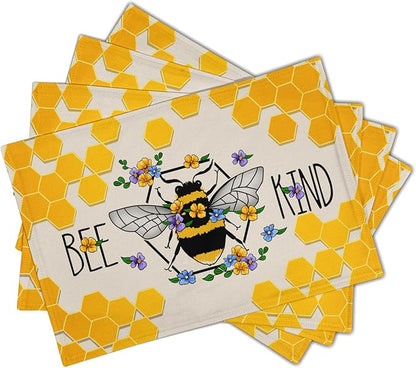 Giwawa Bee Kind Placemats Set of 4-12"x18" Summer Bees Floral Linen Place Mat- - Image 2