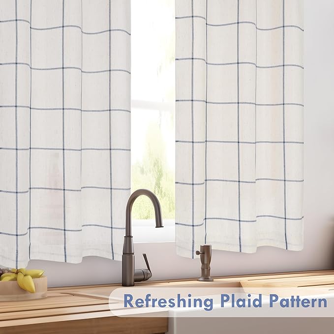 DriftAway Kitchen Curtains Striped Tier Linen Short Curtains Windowpane Plaid - Image 6