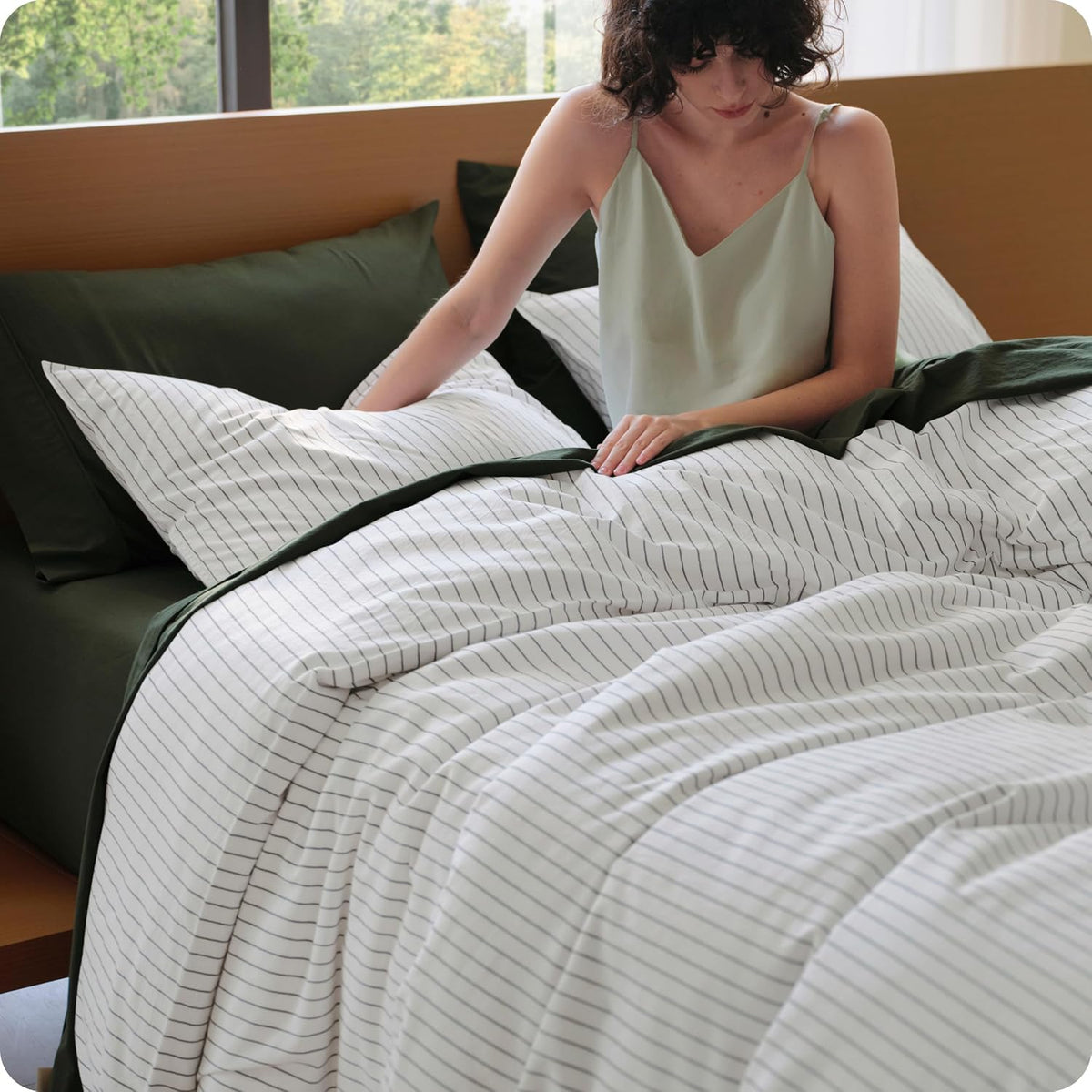 bedsure purewoven striped duvet cover set linen‑like, queen, main product view