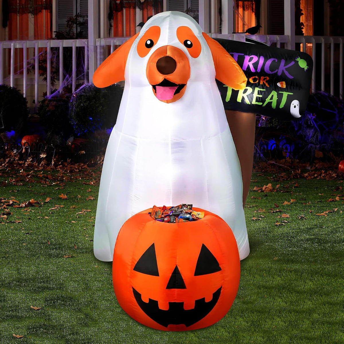 Halloween Inflatables Ghost Dog 4 FT Inflatable Halloween Dog with a Pumpkin Candy Holder Built-in LEDs Trick or Treat Yard Sign for Home Lawn Garden Party Indoor Outdoor Halloween Decor