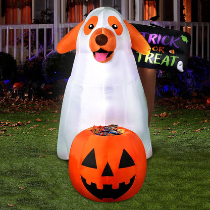 Halloween Inflatables Ghost Dog 4 FT Inflatable Halloween Dog with a Pumpkin Candy Holder Built-in LEDs Trick or Treat Yard Sign for Home Lawn Garden Party Indoor Outdoor Halloween Decor