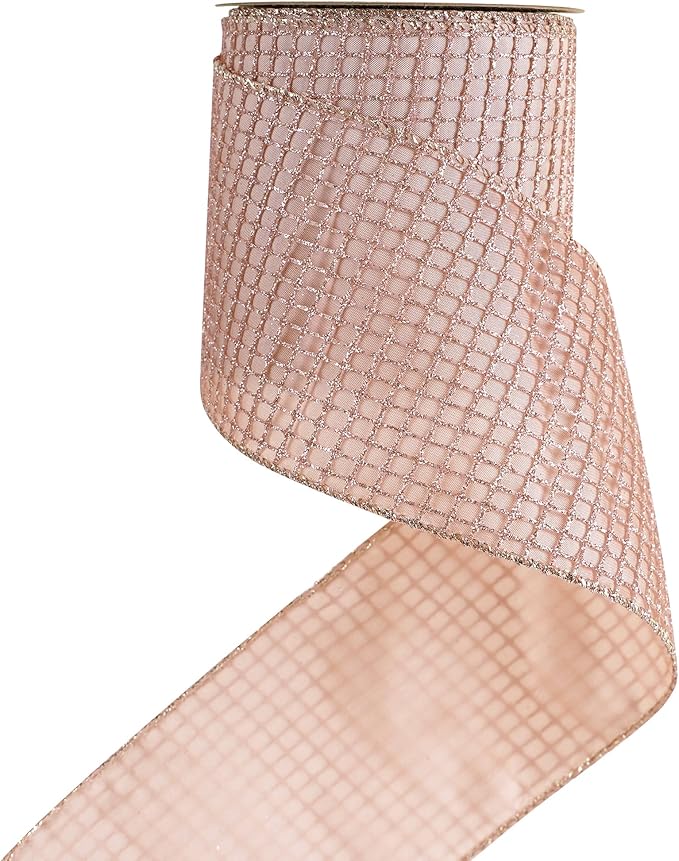 HUIHUANG Rose Gold Glitter Wired Ribbon 4 inch Square Mesh Netting Wired Ribbon by HUIHUANG
