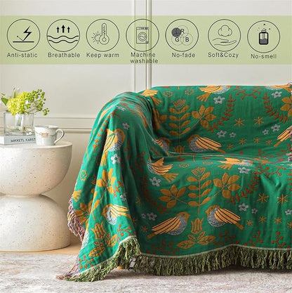 MSGKV Boho Throw Blanket 100% Cotton Green Blanket 90''x 98'' Double Sided Knit - Image 7