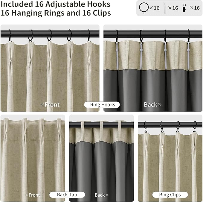 Joywell Pinch Pleated Linen 100% Blackout Curtains 96 Inches Long 2 Panels Set - Image 3
