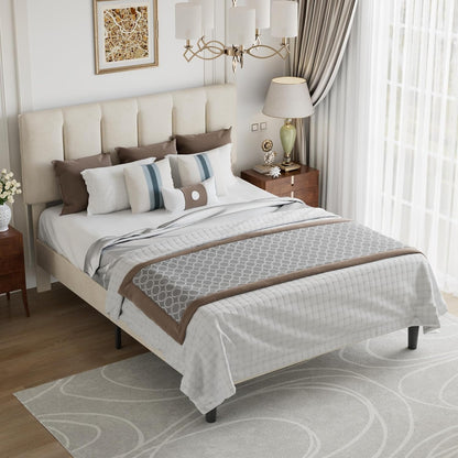 vecelo full size bed frame with upholstered headboard, side view