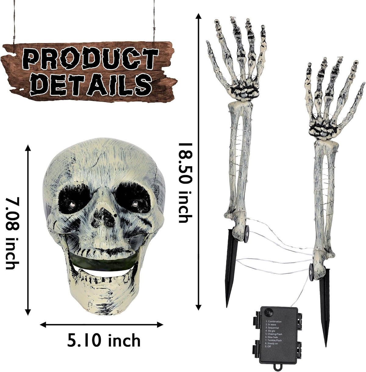 Halloween Skeleton Decorations Outdoor, Light Up Skull Head & Skeleton Hands Stake Lights, Battery Operated Purple LED Halloween Skull Decorations for Yard Lawn Garden Graveyard & Haunted House Decor