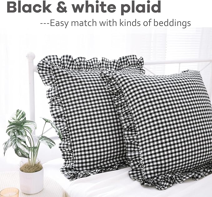 2 Pack Black and White Plaid Gingham Ruffle Euro Shams Pillow Covers, 100% - Image 2
