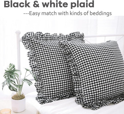 2 Pack Black and White Plaid Gingham Ruffle Euro Shams Pillow Covers, 100% - Image 2