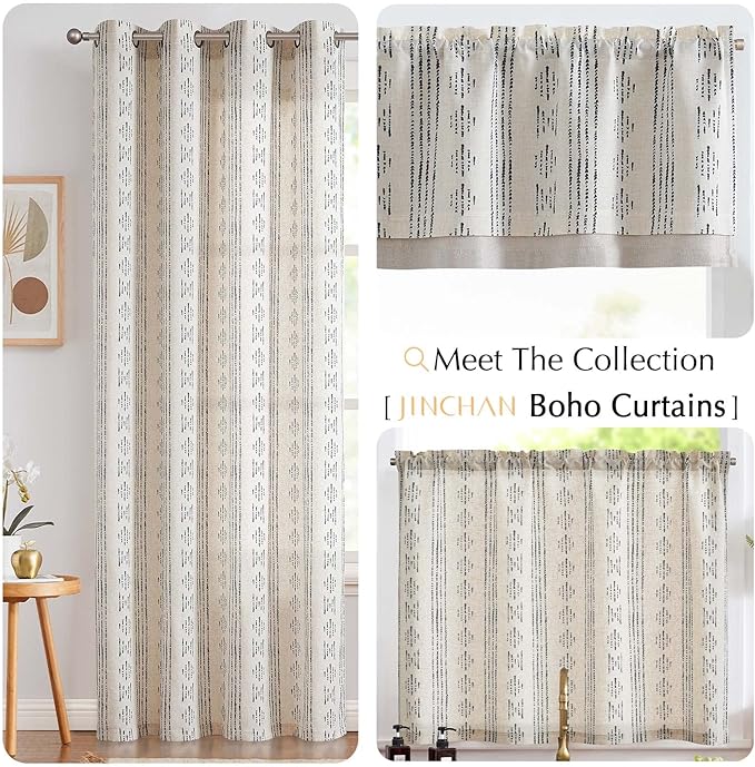 jinchan Boho Kitchen Curtain Linen Tier Curtain Bohemian Cafe 36 Inch Geometric - Image 8