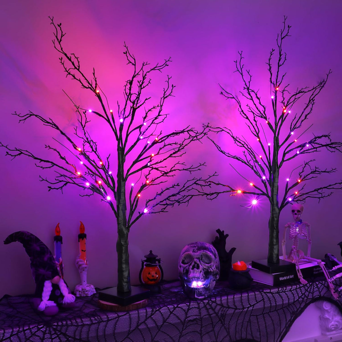 2 Pack 24 Inch Spooky Black Halloween Tree Decorations for Indoor Home Table, Halloween Lighted Tabletop Centerpiece with 24 Orange & Purple LEDs, Timer, USB or Battery Powered