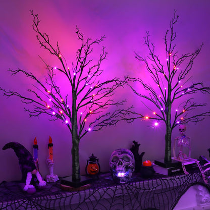 2 Pack 24 Inch Spooky Black Halloween Tree Decorations for Indoor Home Table, Halloween Lighted Tabletop Centerpiece with 24 Orange & Purple LEDs, Timer, USB or Battery Powered