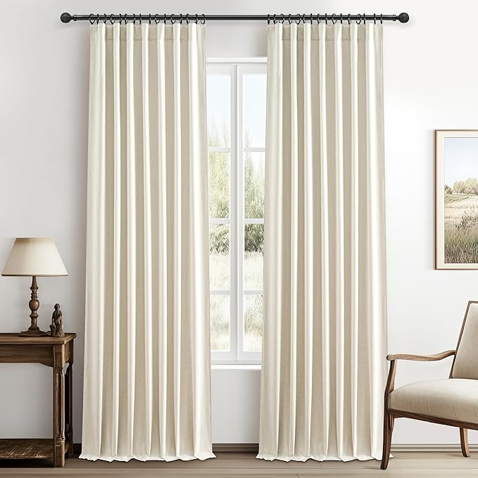 Floor to Ceiling Full Blackout Cream Linen 108 Inch Curtains 2 Panels Set by QJMYDECO