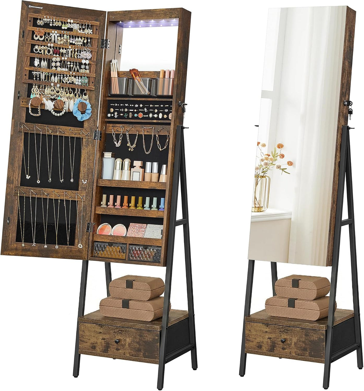 songmics led mirror jewelry cabinet armoire, freestanding lockable, main product view