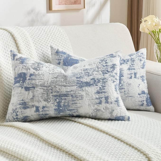 FUTEI Blue White Decorative Throw Pillow Covers 12x20 Inch Set of 2, Soft Faux by FUTEI