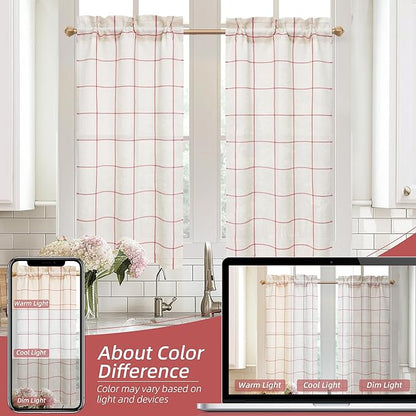 DriftAway Kitchen Curtains Striped Tier Linen Short Windowpane Plaid Cafe - Image 8