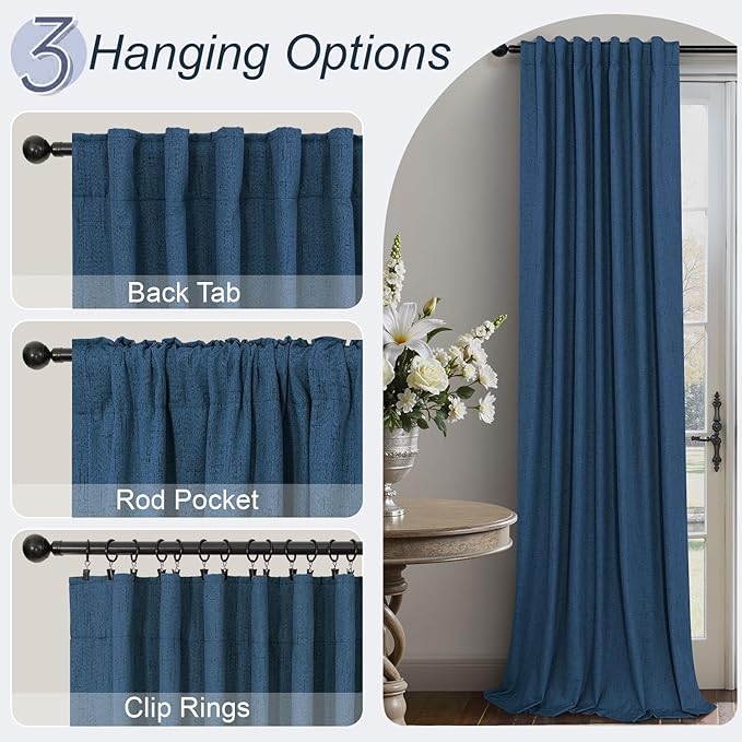 Navy Blue Black Out Curtains 63 Inch Long 2 Panel Burg Linen Textured Thermal - Image 6