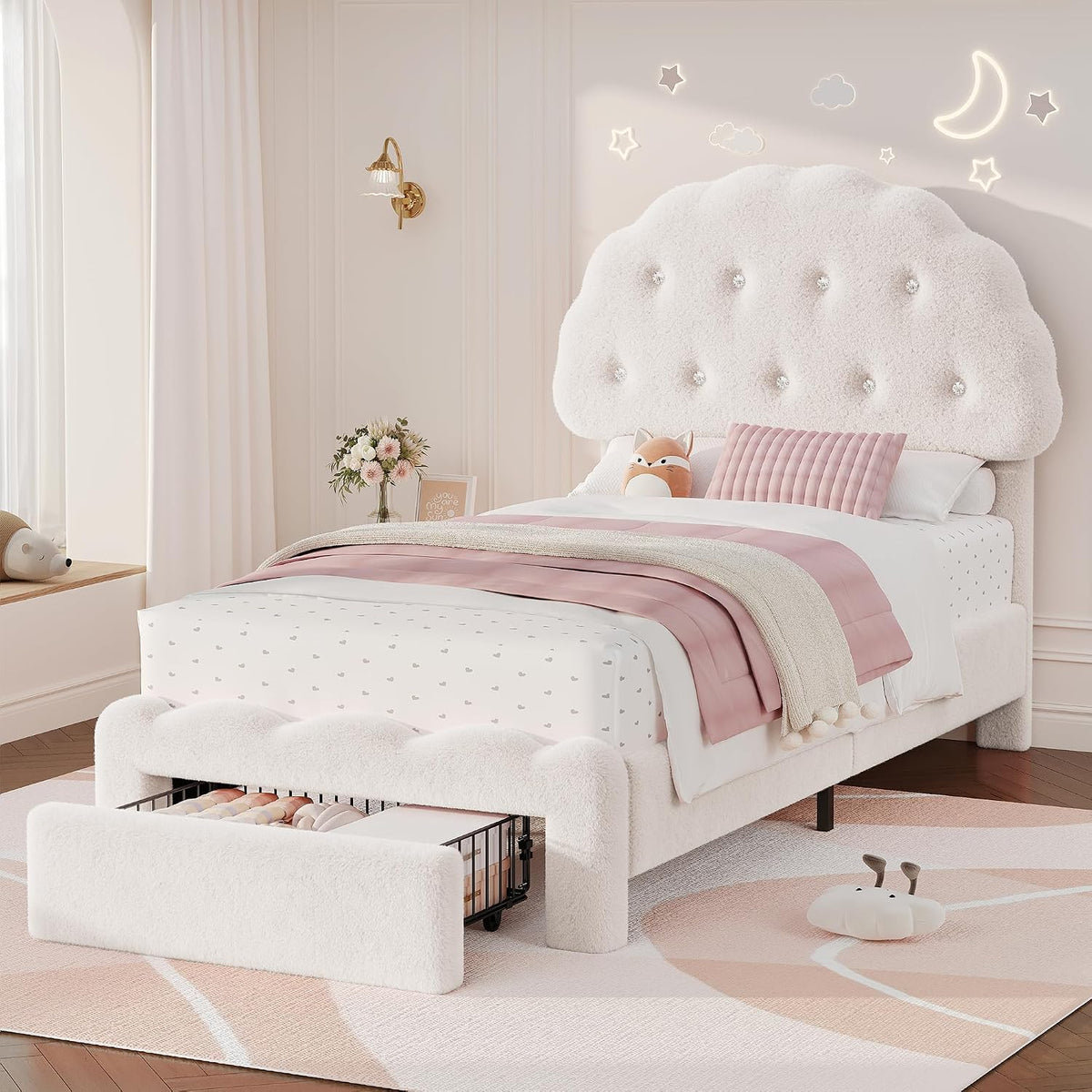decofy twin bed frame with storage drawer, cloud, close-up detail