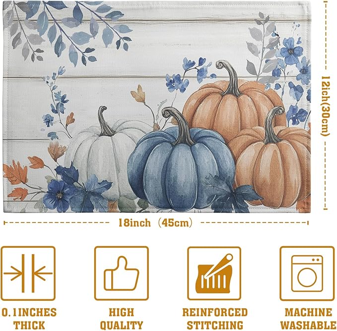 Autumn Placemats Blue Pumpkin Fall Place Mat Eucalyptus Leaves Floral Wood - Image 4