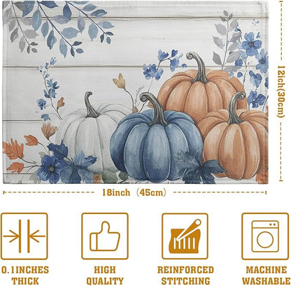 Autumn Placemats Blue Pumpkin Fall Place Mat Eucalyptus Leaves Floral Wood - Image 4
