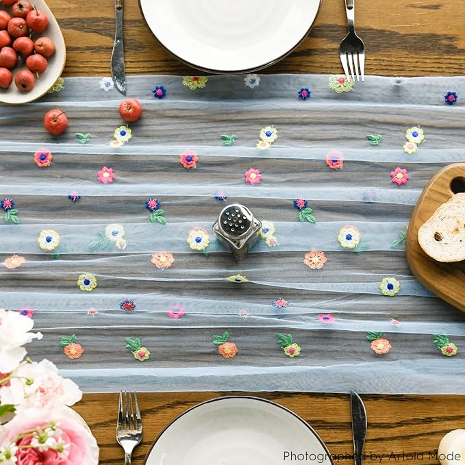 Artoid Mode Blue Embroidery Daisy Spring Gauze Table Runner 59x120 Inch 10FT - Image 4