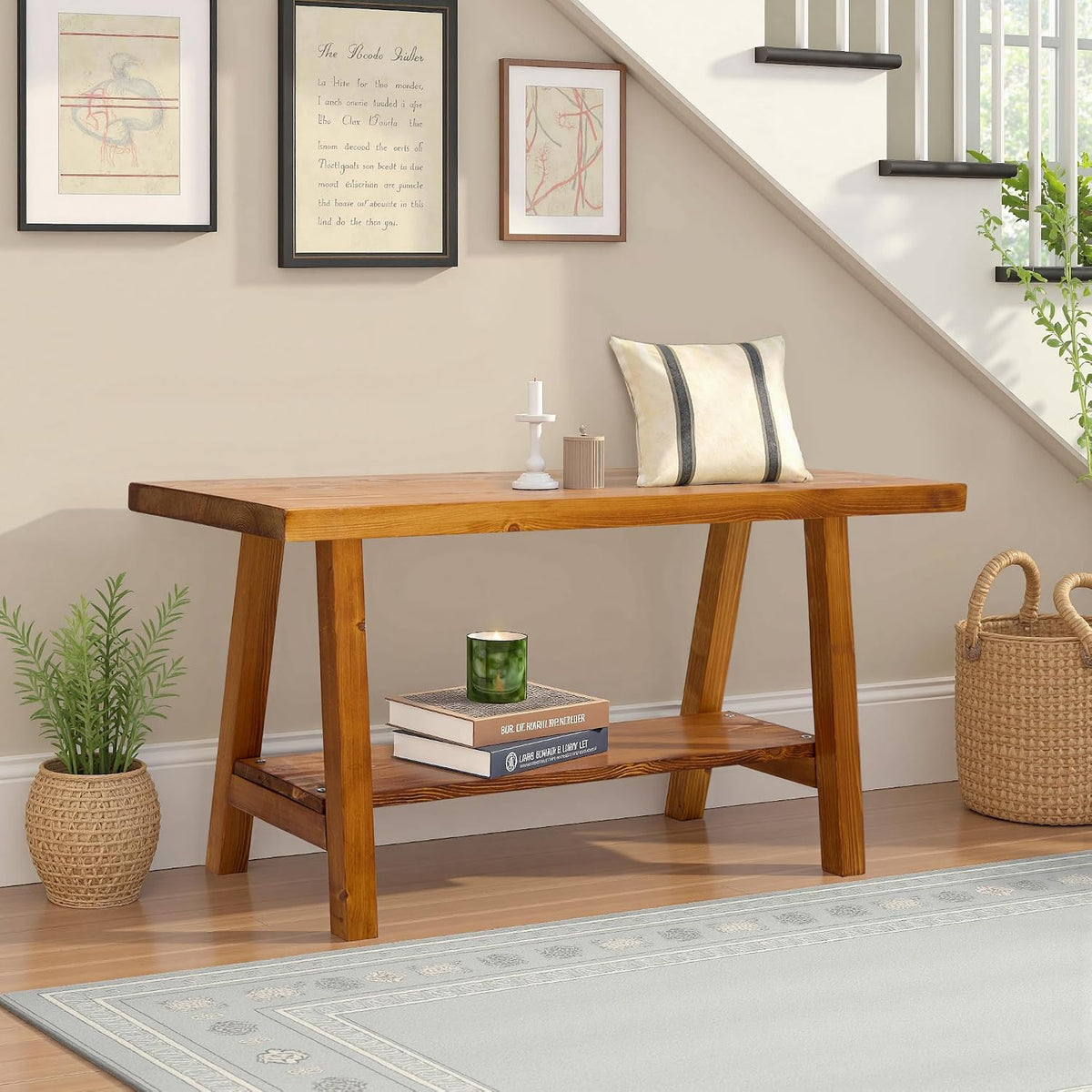 warmiehomy solid wood bench, 30” rustic farmhouse entryway shown in use