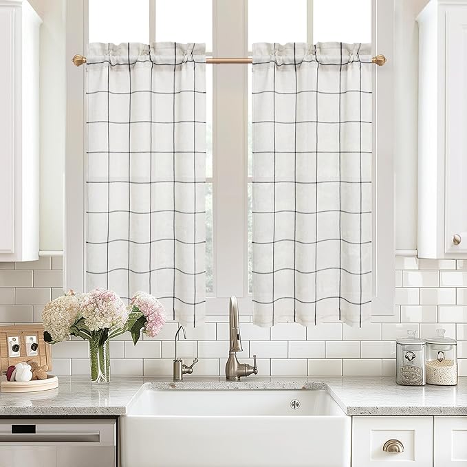 DriftAway Kitchen Curtains Striped Tier Linen Short Curtains Windowpane Plaid by DriftAway