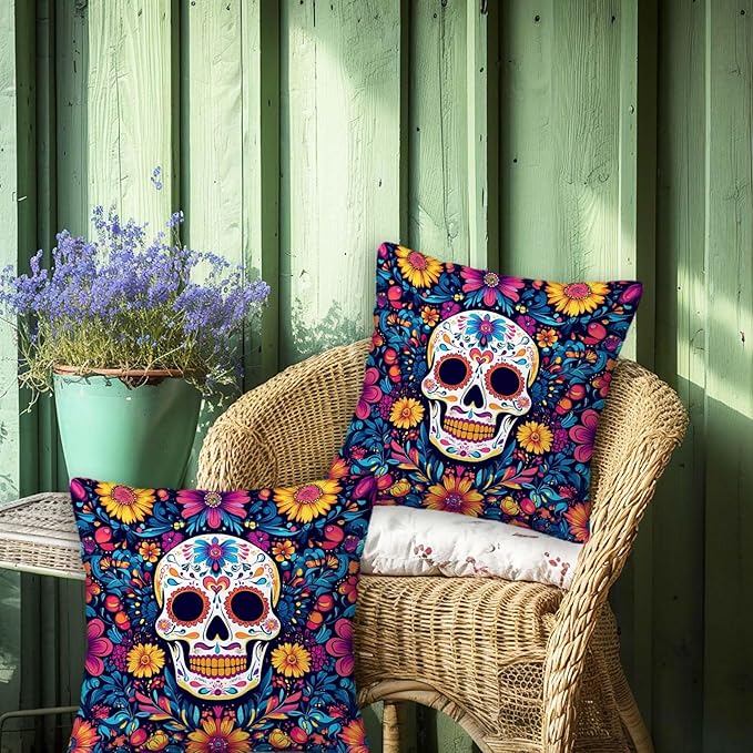 Sugar Skull Pillow Covers 18x18 Set of 2, Day of The Dead Halloween Cushion - Image 4