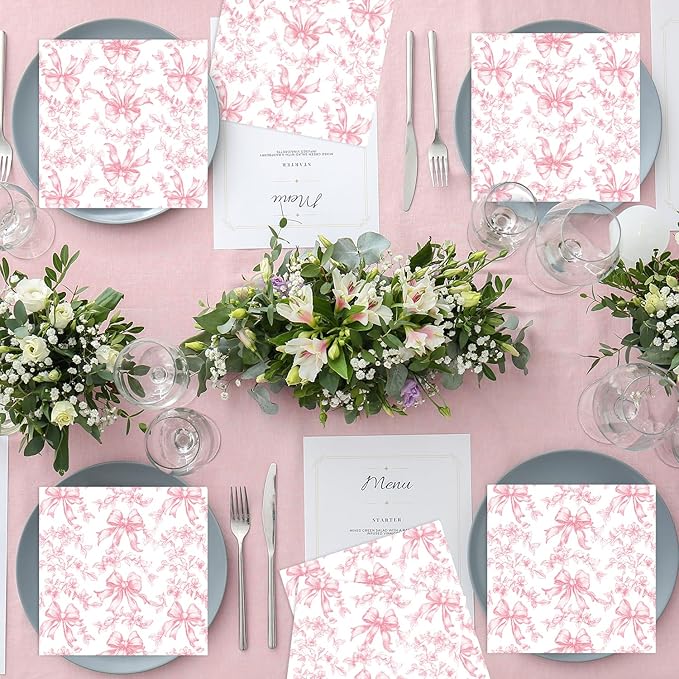 50 Pcs Pink Bow Napkins Coquette Party Supplies Pink Floral Disposable Cocktail - Image 7