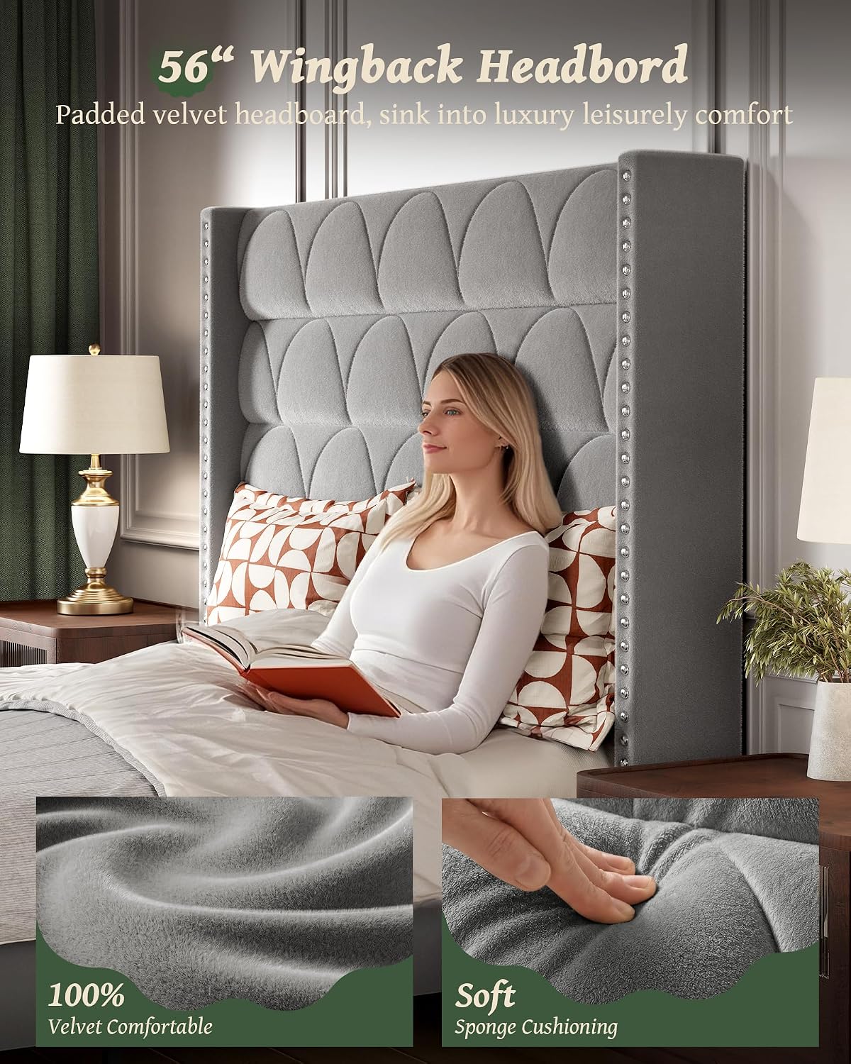ohoholive queen size bed frame with 56" headboard showing dimensions