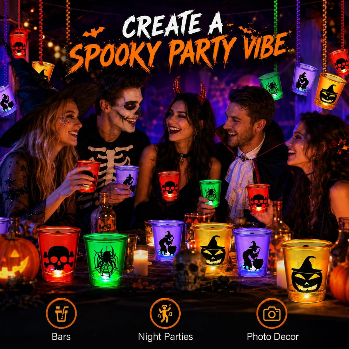Henoyso 24 Pcs Halloween Shot Glass on Beaded Necklace Skull Plastic Shot Glasses Ghost Cups Assorted Glass Necklaces Bulk for Halloween Party Favors Decorations Supplies (Stylish Style)