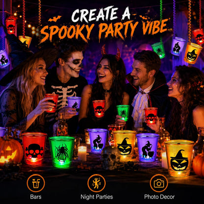 Henoyso 24 Pcs Halloween Shot Glass on Beaded Necklace Skull Plastic Shot Glasses Ghost Cups Assorted Glass Necklaces Bulk for Halloween Party Favors Decorations Supplies (Stylish Style)