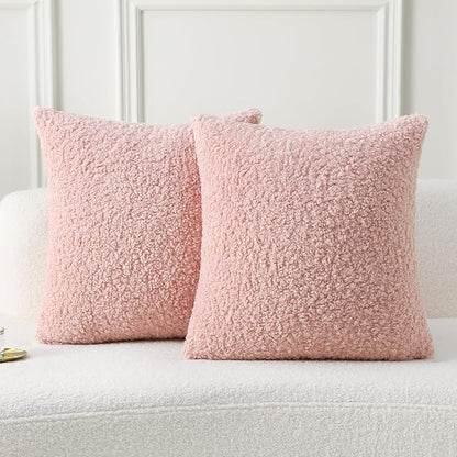 FUTEI Pink Throw Pillow Covers 18x18 Inch Set of 2, Furry Faux Fur Teddy Boucle by FUTEI