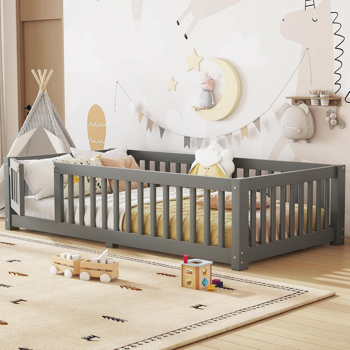 twin size montessori floor bed with door, slats showing dimensions