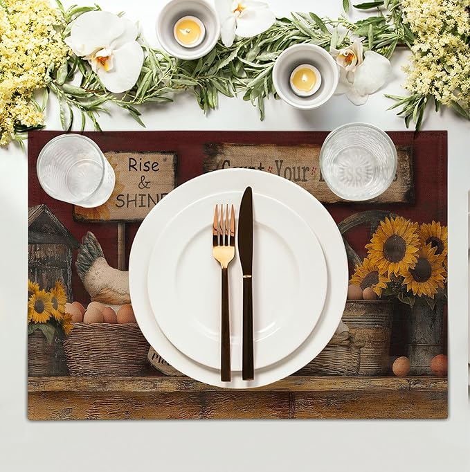 Farmhouse Rooster Placemats Set of 4 Farm Animal Chicken Place Mats 12x18 Inch - Image 3