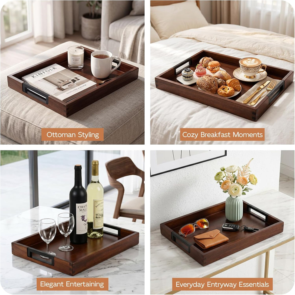 joy&grace acacia wood serving tray with handles 17", front angle view