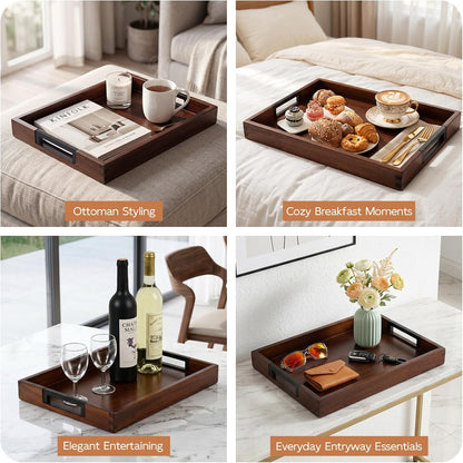 joy&grace acacia wood serving tray with handles 17", front angle view