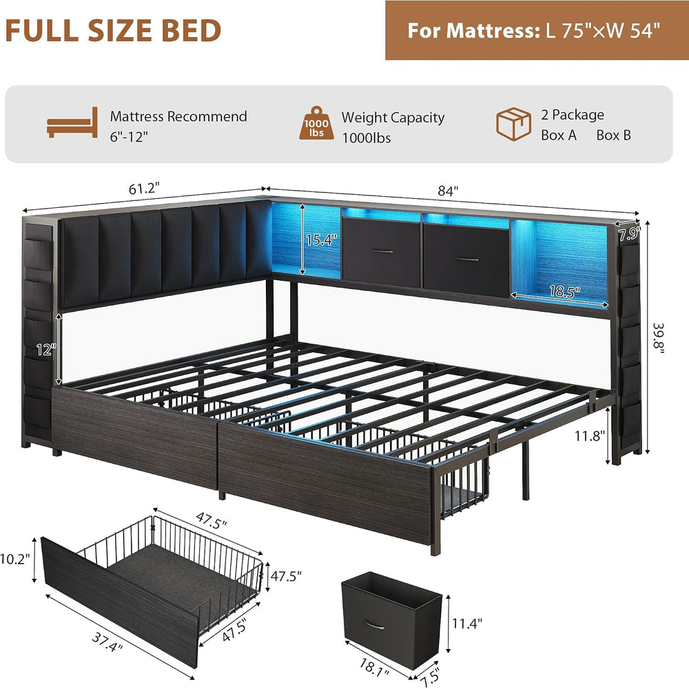 Full Corner Bed Frame with Upholstered Storage Headboard and Drawers, Metal P...