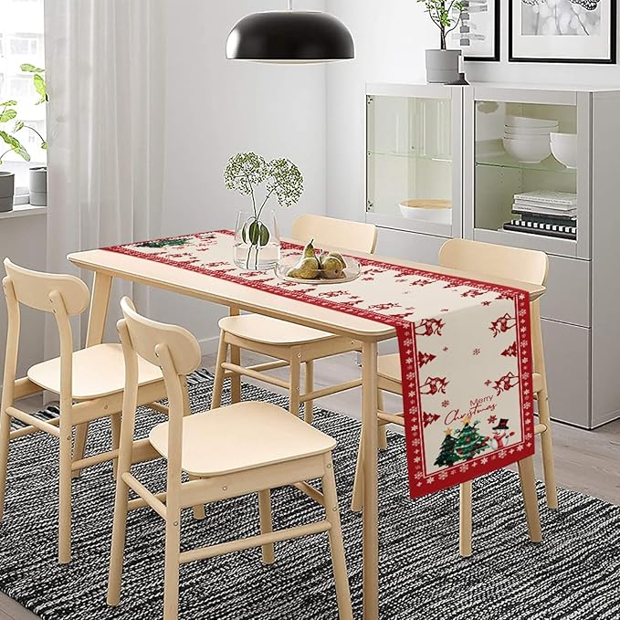 Merry Christmas Table Runner, Snowman Deer Snow Linen Table Runners, Snowflake - Image 6
